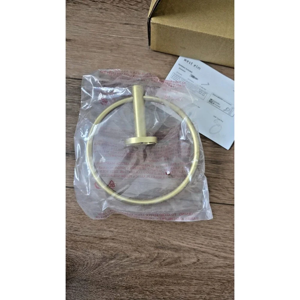 West Elm Modern Overhang Bathroom Hardware Towel Ring Antique Brass NIB